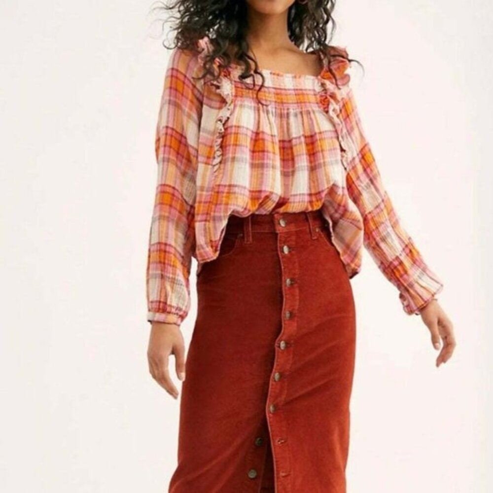 NWT FREE PEOPLE S We the Free Siena Plaid Pullover Peach Pink Tea Combo NEW $118